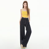 Women's Denim Blue Belted Knife-Edge Jeans High-Waisted Loose Concealing Drape Wide-Leg Pants