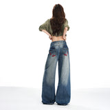 Loose Wide-Leg Denim Pants for Women with Vintage Embroidery and Stud Details,