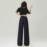 Women's Dark Blue Wide-Leg Jeans Loose High-Waist Straight Pants Floor-Length Trousers