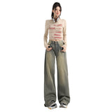 Distressed Stripe Denim Pants Women's Fashion Straight Leg Wide Leg Trousers