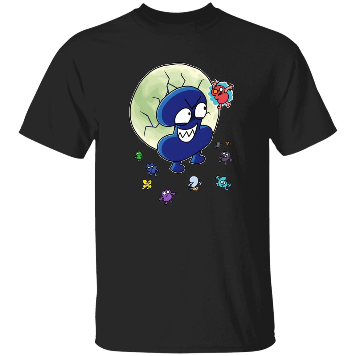 Black t-shirt with cartoon character design on a white background