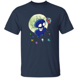 Navy blue t-shirt with cartoon character design on a white background