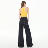 Women's Denim Blue Belted Knife-Edge Jeans High-Waisted Loose Concealing Drape Wide-Leg Pants
