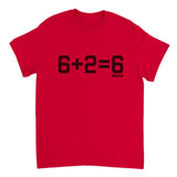 Red t-shirt with black mathematical equation on a white background