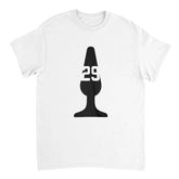White t-shirt with black graphic design featuring the number 29 on a white background