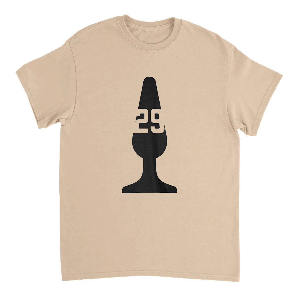 Beige t-shirt with black graphic design on a white background