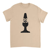 Beige t-shirt with black graphic design on a white background