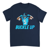 Navy blue t-shirt with a football player graphic and 'Buckle Up' text on a white background