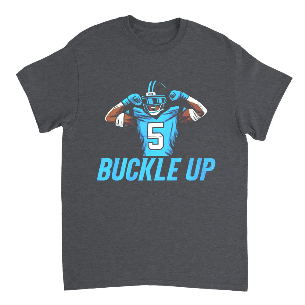 Dark gray t-shirt with a football player graphic and 'Buckle Up' text on a white background