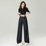 Women's Dark Blue Wide-Leg Jeans Loose High-Waist Straight Pants Floor-Length Trousers