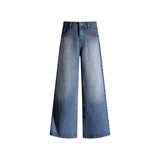 Loose Wide-Leg Denim Pants for Women with Vintage Embroidery and Stud Details,