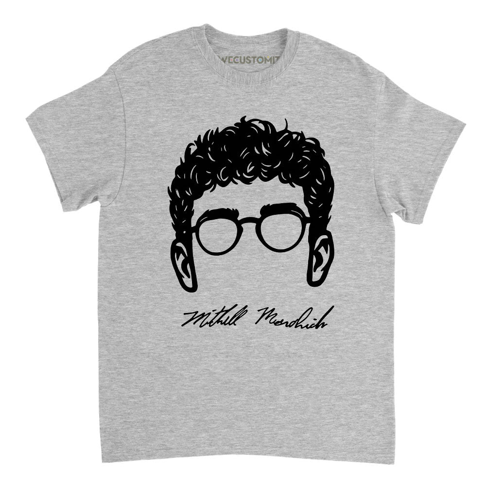 Ash Cael Sanderson Wearing Mitchell Mesenbrink Signature Shirt featuring a black minimalist graphic of glasses and curly hair