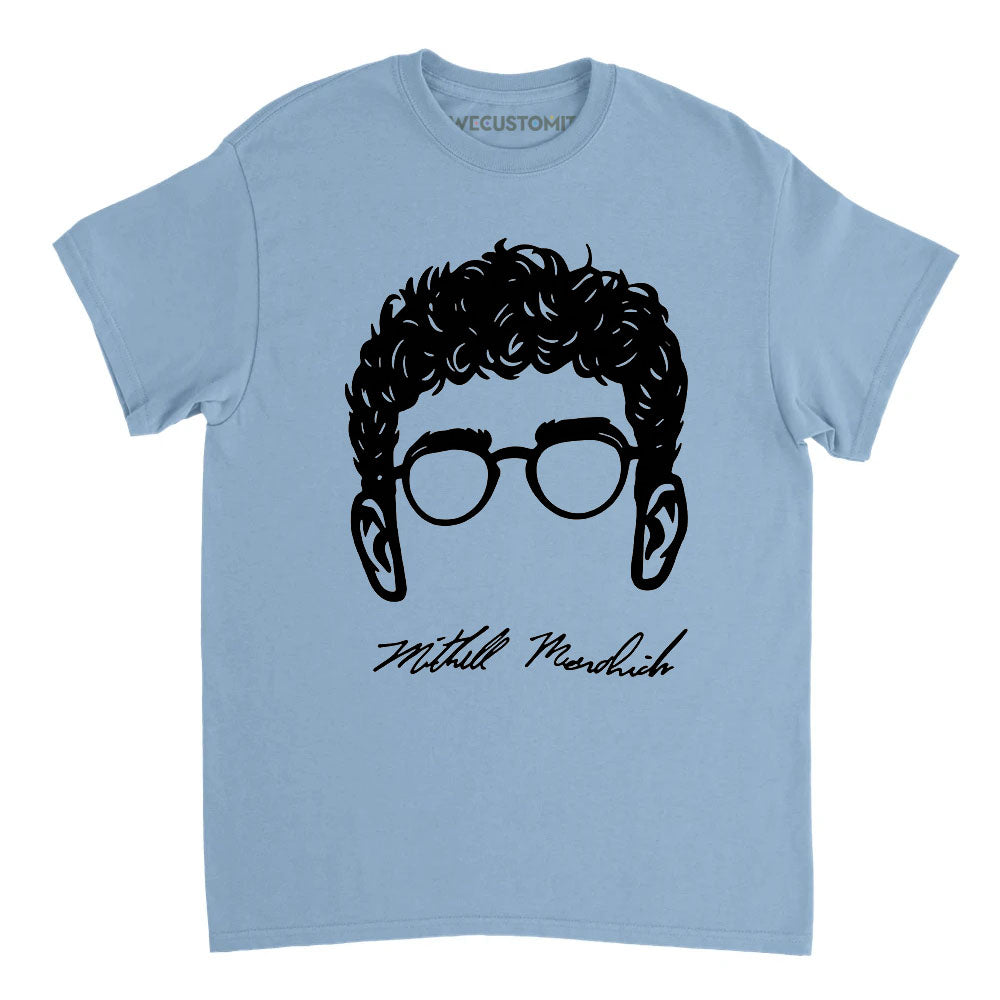 Light Blue Cael Sanderson Wearing Mitchell Mesenbrink Signature Shirt featuring a black minimalist graphic of glasses and curly hair