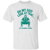 White t-shirt with green graphic and text on a white background