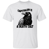 White t-shirt with a black crow graphic and text on a white background