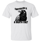 White t-shirt with a black crow graphic and text on a white background