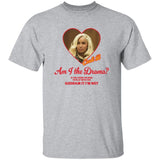 Gray t-shirt with a graphic of a woman's face in a heart and text 'Am I the Drama?' on a white background