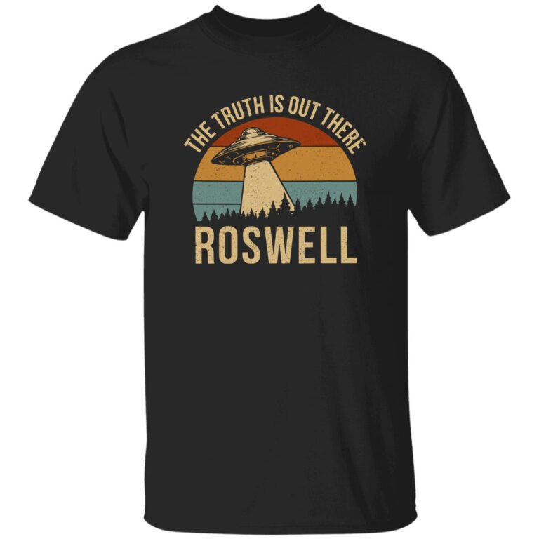 Black t-shirt with Roswell graphic and text on a white background