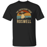 Black t-shirt with Roswell graphic and text on a white background