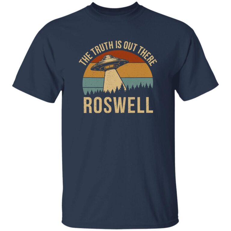 Navy blue t-shirt with Roswell graphic and text on a white background