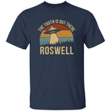 Navy blue t-shirt with Roswell graphic and text on a white background