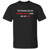 Black t-shirt with white and red text on a white background