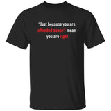 Black t-shirt with white and red text on a white background