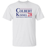 White t-shirt with 'Colbert Kimmel 28 Free Speech Under Attack' text on a white background