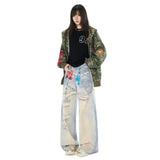 Graffiti Heart Bear Chain Curved Knife Pants High Street Loose Wide Leg Jeans for Women