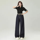 Women's Dark Blue Wide-Leg Jeans Loose High-Waist Straight Pants Floor-Length Trousers