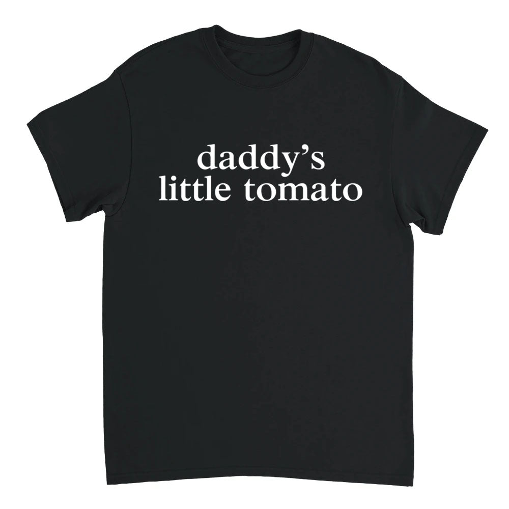 Black t-shirt with 'daddy's little tomato' text on a white background