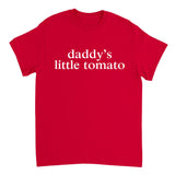 Red t-shirt with 'daddy's little tomato' text on a white background