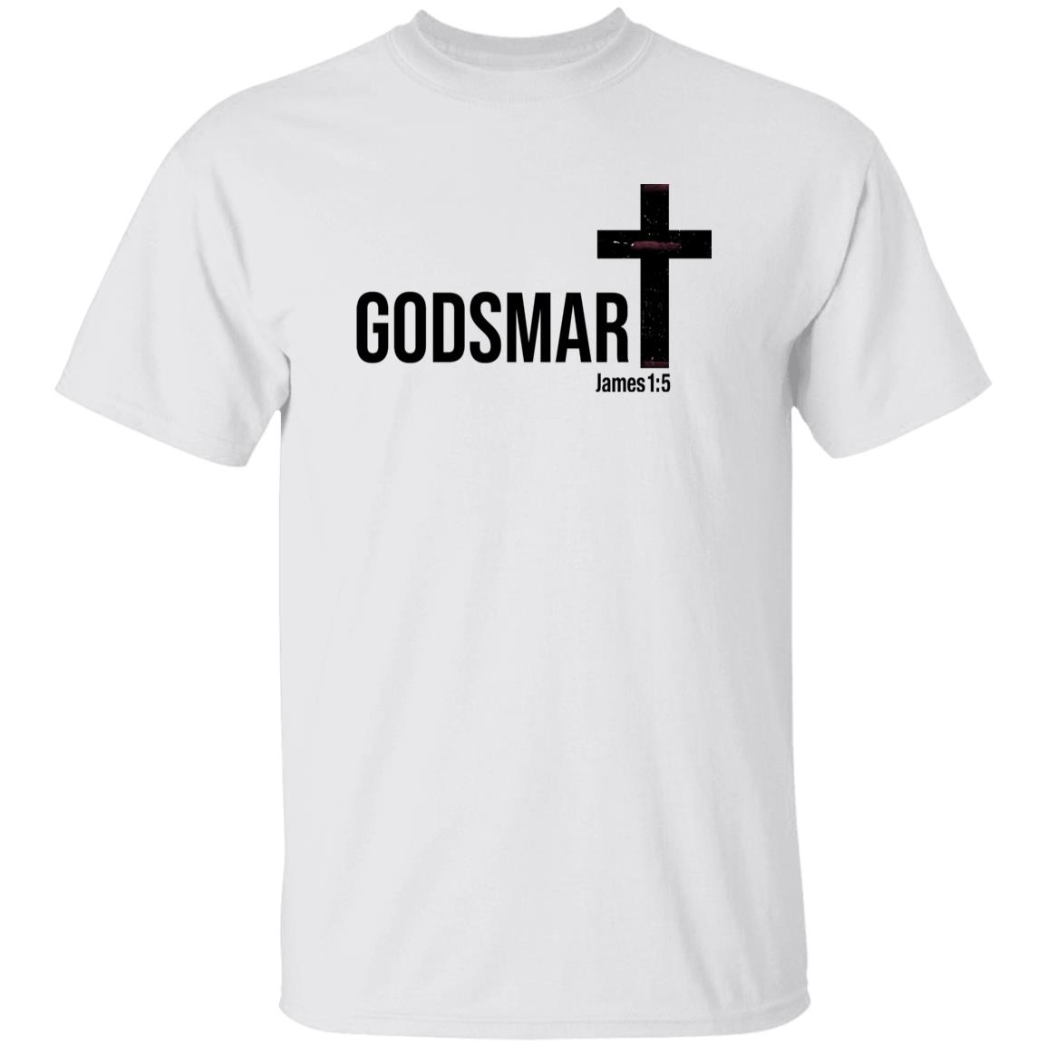 White t-shirt with 'GODSMAR' and cross design on a white background