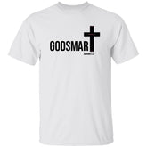 White t-shirt with 'GODSMAR' and cross design on a white background