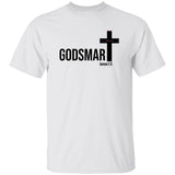 White t-shirt with 'GODSMAR' and cross design on a white background