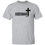 Gray t-shirt with black cross and text on a white background