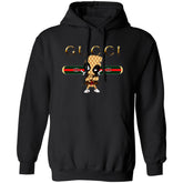 Black hoodie with Gucci logo and character design on a white background