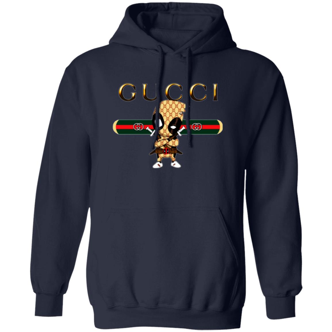 Navy blue hoodie with Gucci logo and character design on a white background