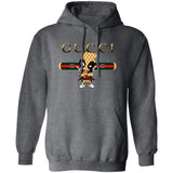 Gray hoodie with Gucci logo and cartoon character on a white background
