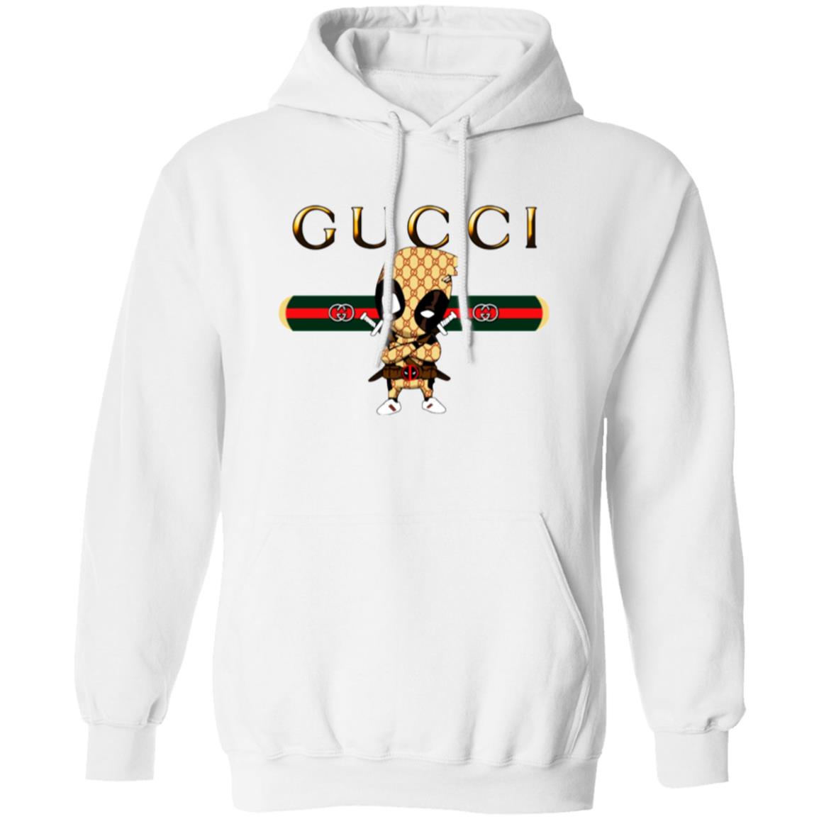 White hoodie with Gucci logo and character design on a white background