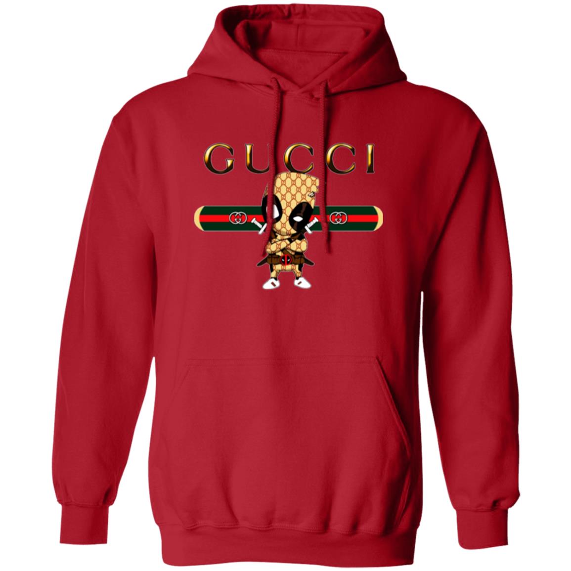 Red hoodie with Gucci logo and character design on a white background