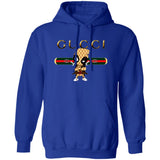 Blue hoodie with Gucci logo and character design on a white background