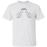 White t-shirt with black text and graphics on a white background