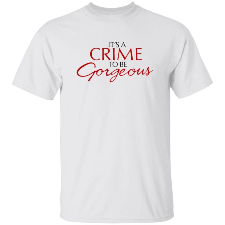 White t-shirt with red and black text on a white background