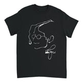 Black t-shirt with white line art design on a white background