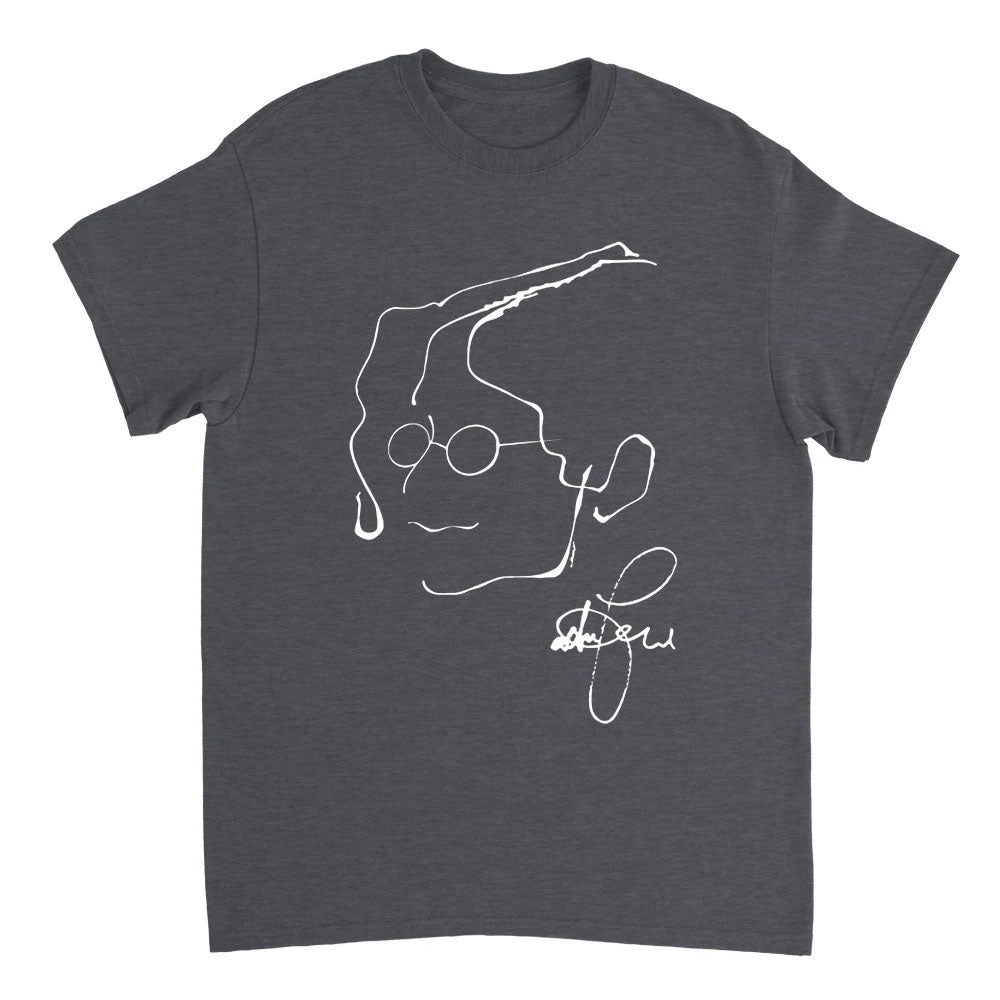 Dark gray t-shirt with a white line drawing of a hand and signature on a white background