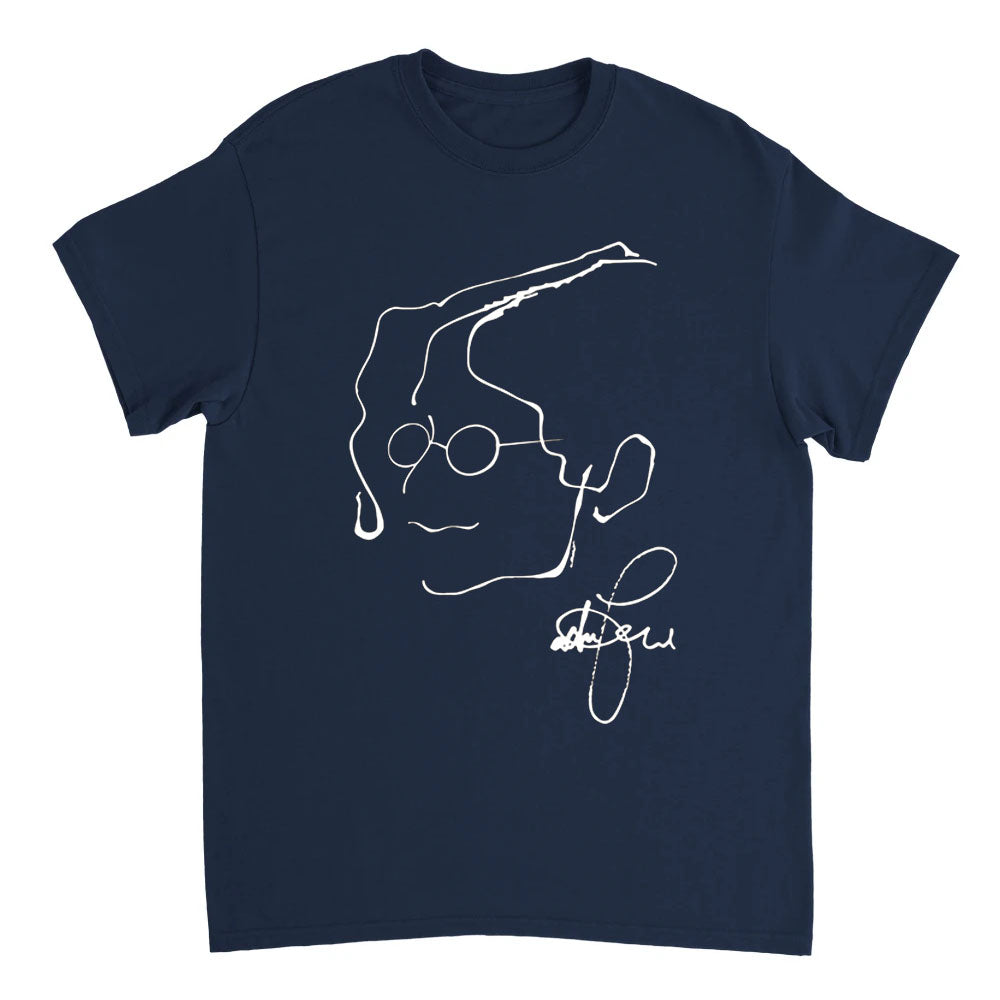 Navy blue t-shirt with a white line drawing of a hand holding a heart on a white background