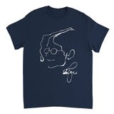 Navy blue t-shirt with a white line drawing of a hand holding a heart on a white background