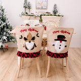 Christmas decoration chair cover with red and black checkered edges, Christmas season forest old man cartoon chair cover