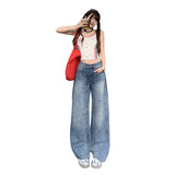Women's Wide-Leg Floor-Length Denim Pants Washed Slim Straight Leg Trousers